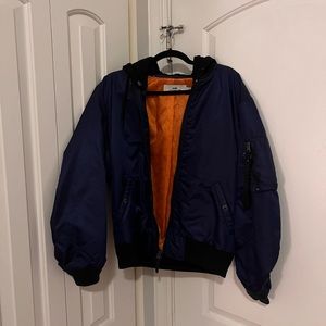 Men’s Coach navy bomber jacket with detachable hood, size small